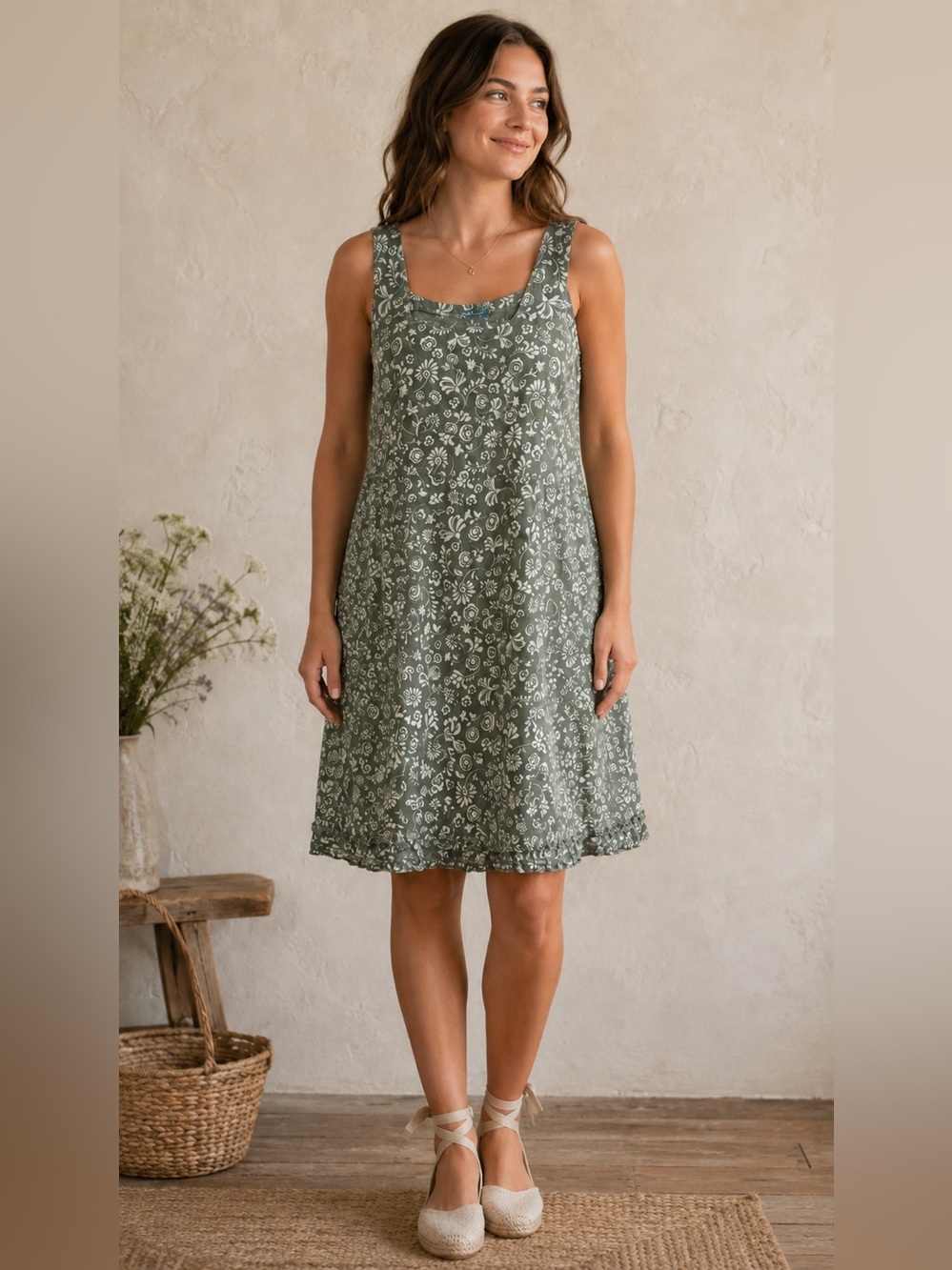 Fresh Produce USA Sage Green Floral Cottagecore Dress XL ruffle